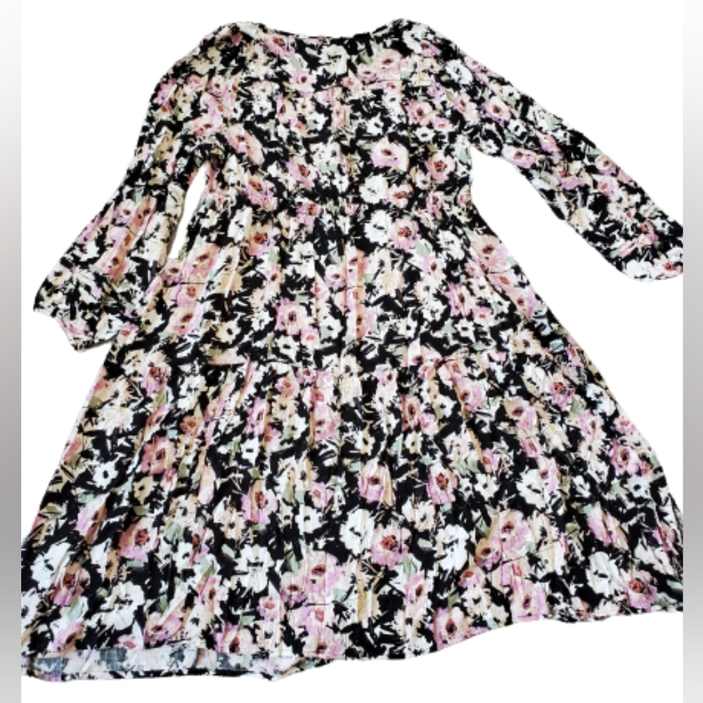Torrid plus floral swiss dot long sleeves tiered midi dress, 3XL, black - Picture 7 of 12